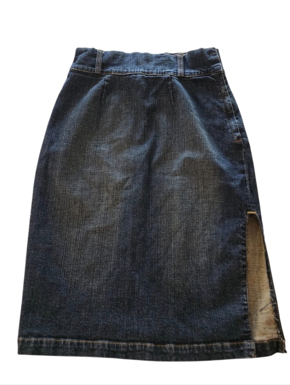 Vintage Y2K Bisou Bisou Dark Blue Denim Midi Skirt Side Slit 2000s Bombshell